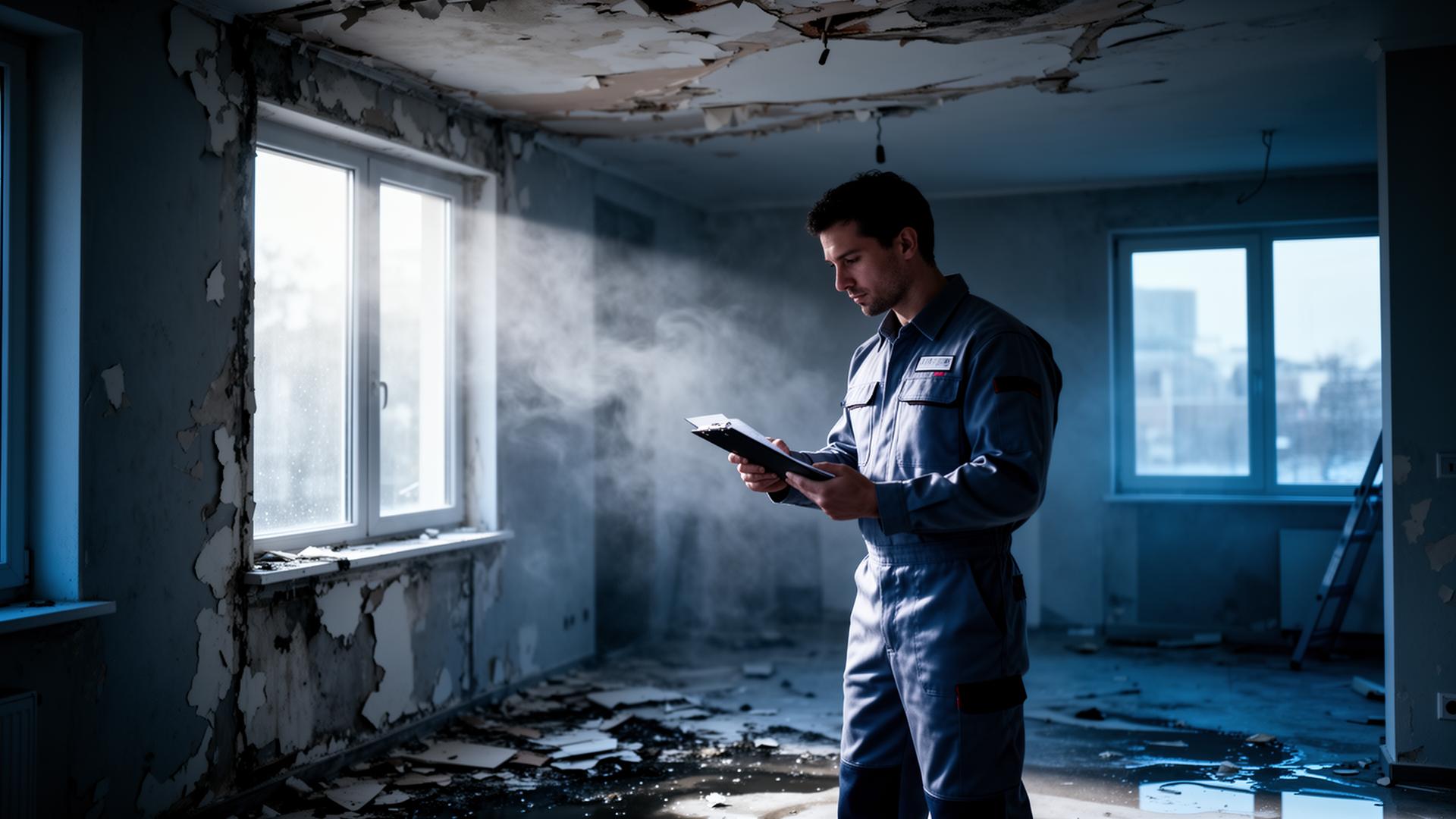 Restoration technician inspecting water damage in a Kitsap County home